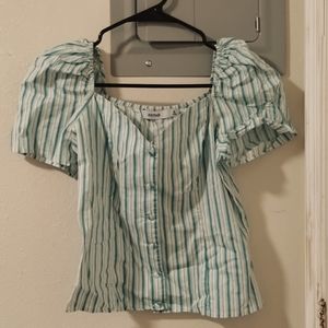 JustFab Mint Green and White Striped Puffed Shirt